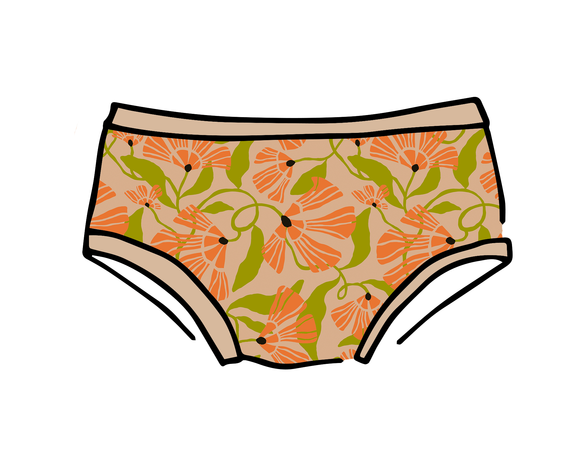 Drawing of Thunderpants Kid's style underwear in Secret Garden - orange and green flowers.