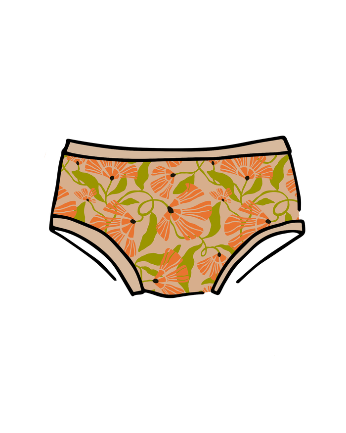 Drawing of Thunderpants Kid's style underwear in Secret Garden - orange and green flowers.
