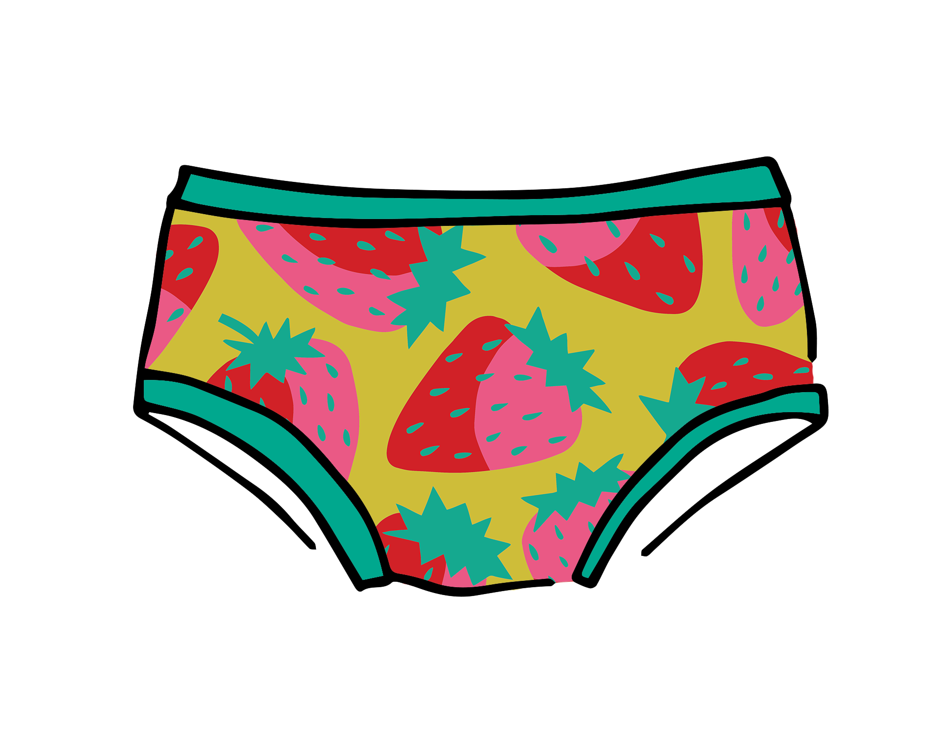 Drawing of Thunderpants Kid's style underwear in Strictly Strawberry - pink, red, and green strawberries.