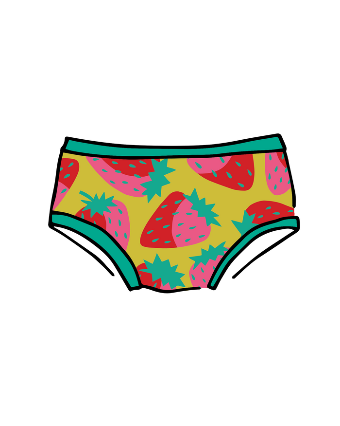 Drawing of Thunderpants Kid's style underwear in Strictly Strawberry - pink, red, and green strawberries.