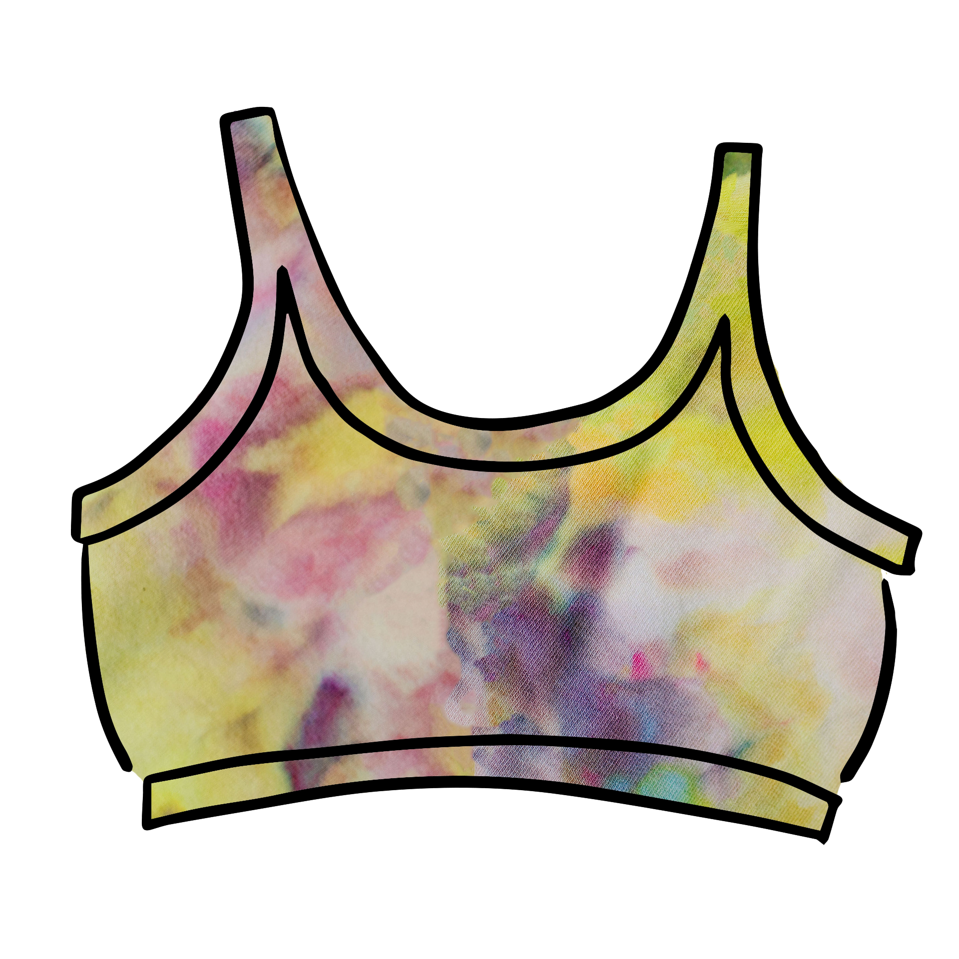 Drawing of Thunderpants Longline Bra in Citrus Blossom Dye - hand dyed yellow, pink, and purple.