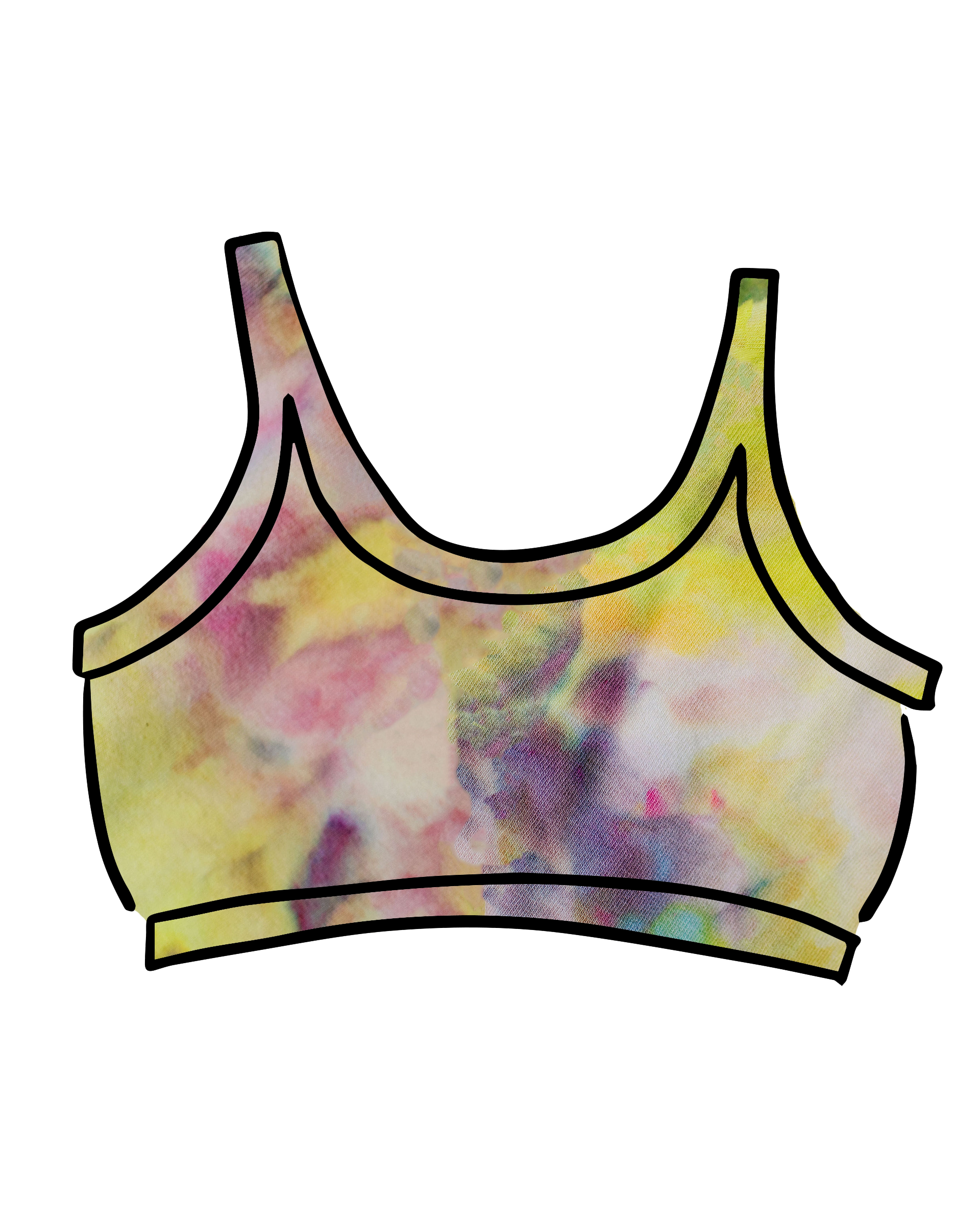 Drawing of Thunderpants Longline Bra in Citrus Blossom Dye - hand dyed yellow, pink, and purple.