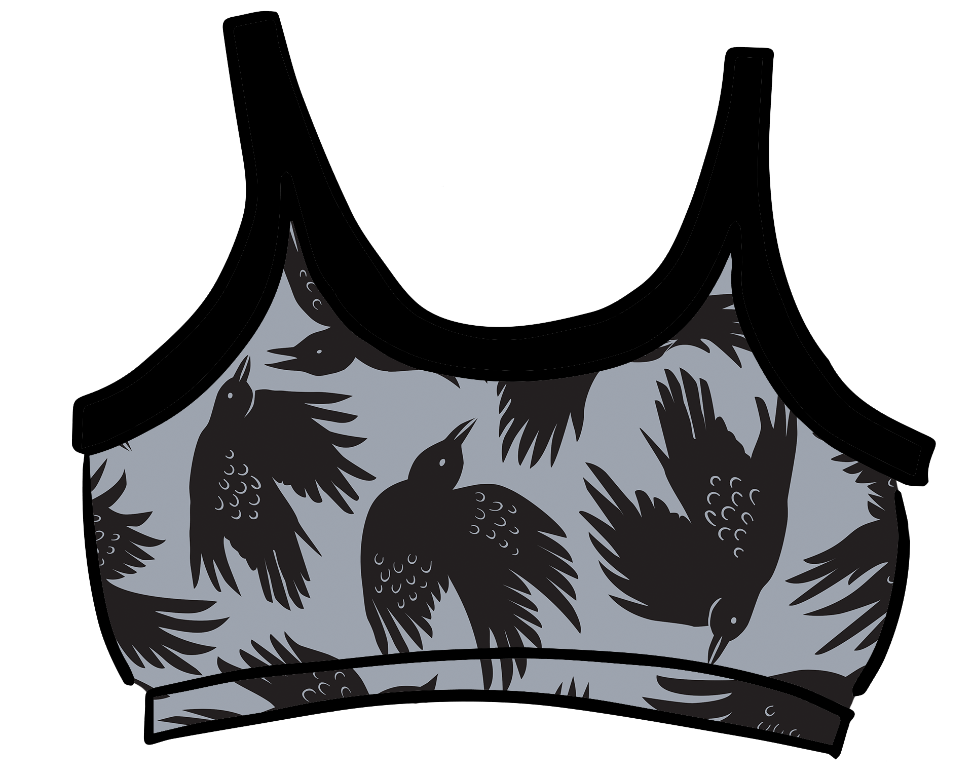 Drawing of Thunderpants Longline Bra in So it Crows - black crows on grey.