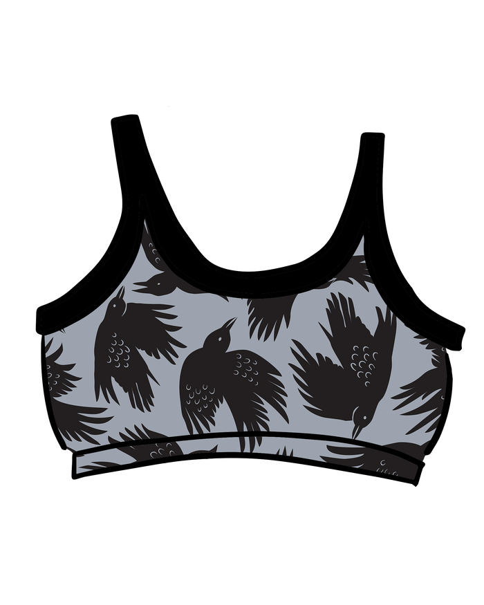Drawing of Thunderpants Longline Bra in So it Crows - black crows on grey.