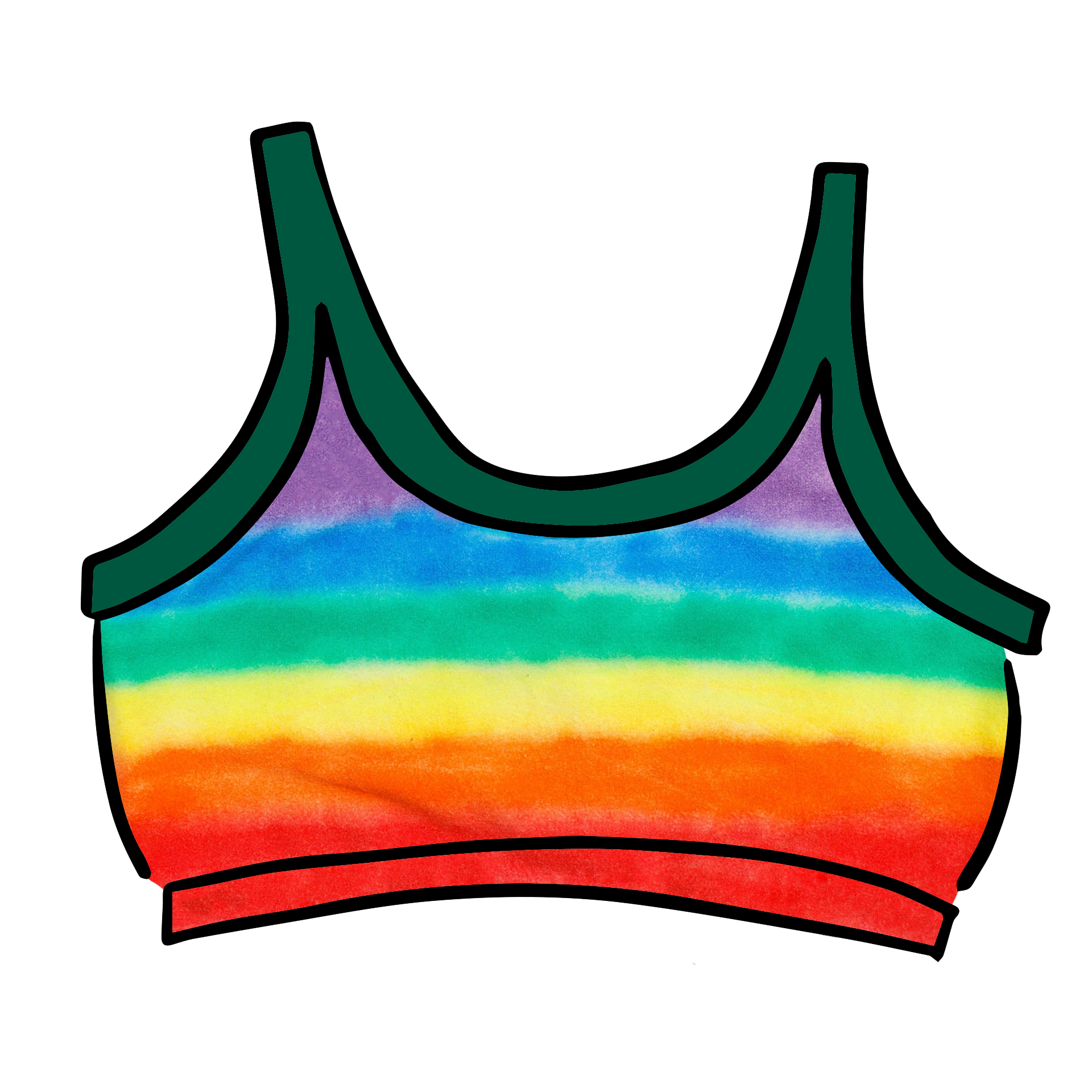 Drawing of Thunderpants Longline Bra in rainbow dye with emerald green binding.