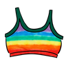 Drawing of Thunderpants Longline Bra in rainbow dye with emerald green binding.