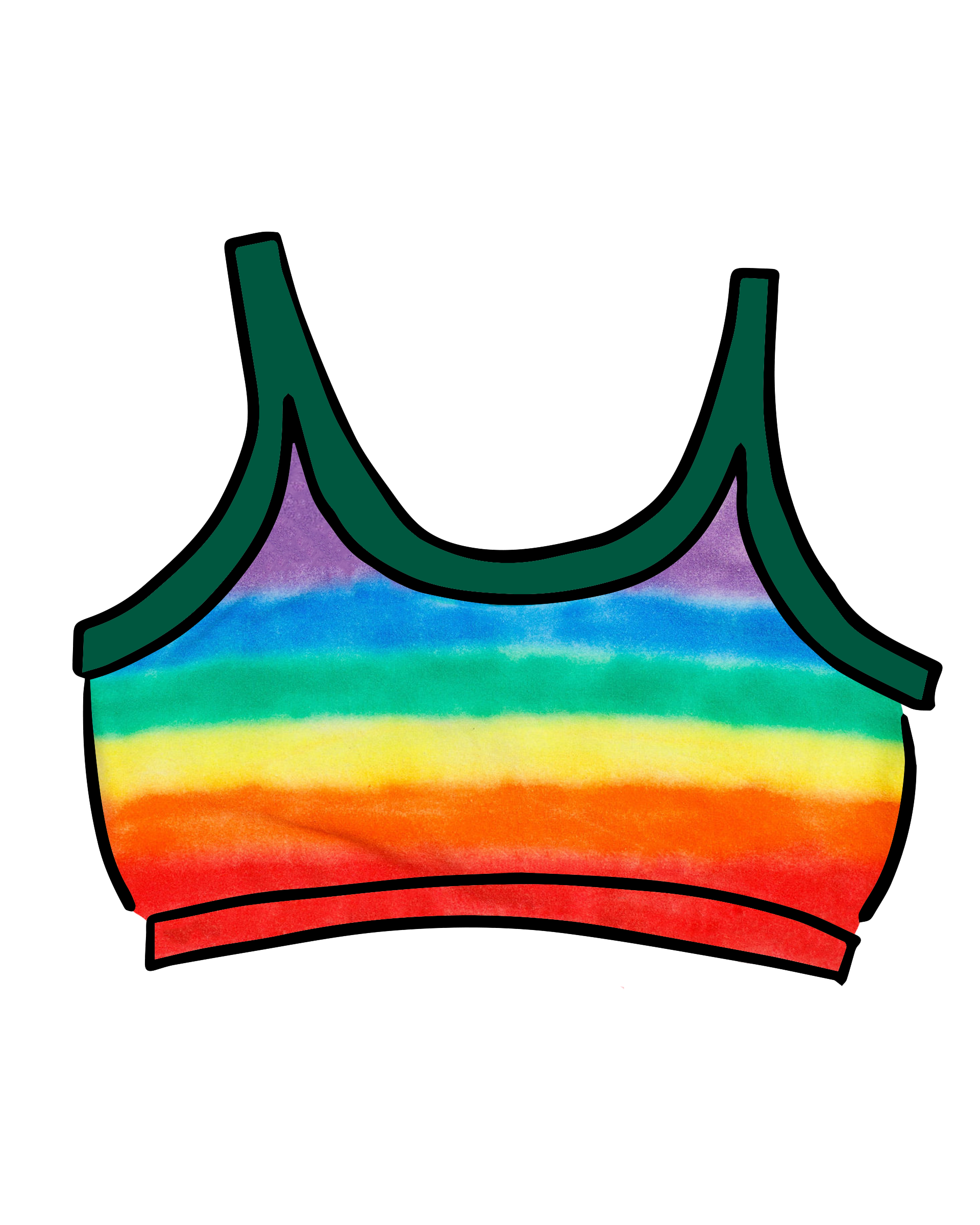 Drawing of Thunderpants Longline Bra in rainbow dye with emerald green binding.
