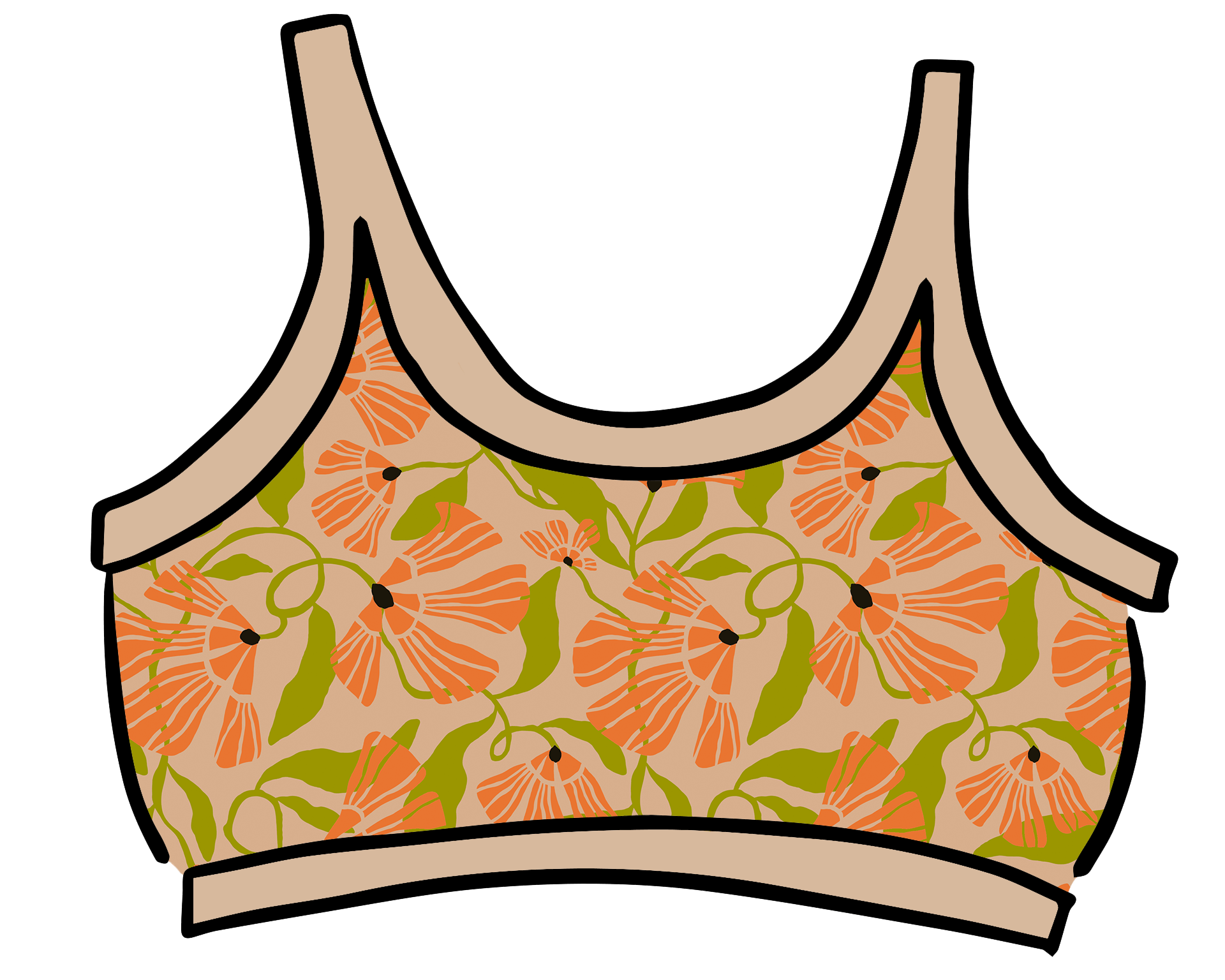 Drawing of Thunderpants Longline Bra in Secret Garden - orange flowers and green leaves.