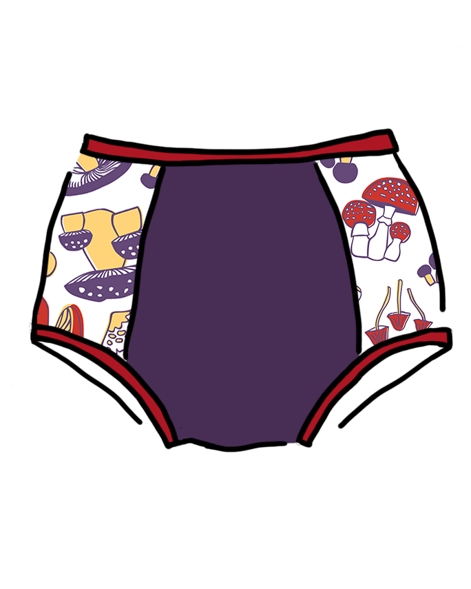 Drawing of Thunderpants Original Panel Pants style underwear in Mushroom Magic - mushroom sides, purple middle, and red binding.