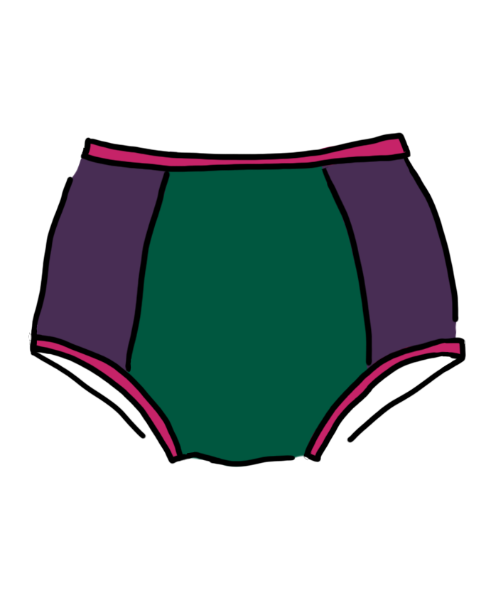 Drawing of Thunderpants Original Panel Pants style underwear in 90's Dream - purple sides, green middle, and pink binding.