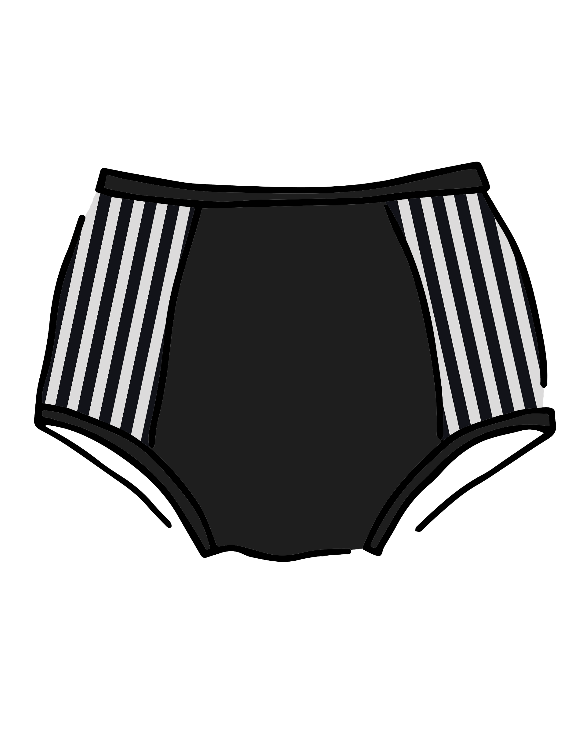 Drawing of Thunderpants Original style Panel Pants in Black and White Stripe sides and Black front.