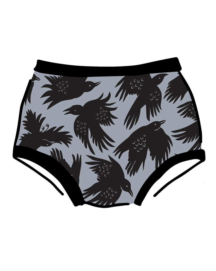 Drawing of Thunderpants Original style underwear in So it Crows - black crows on grey.