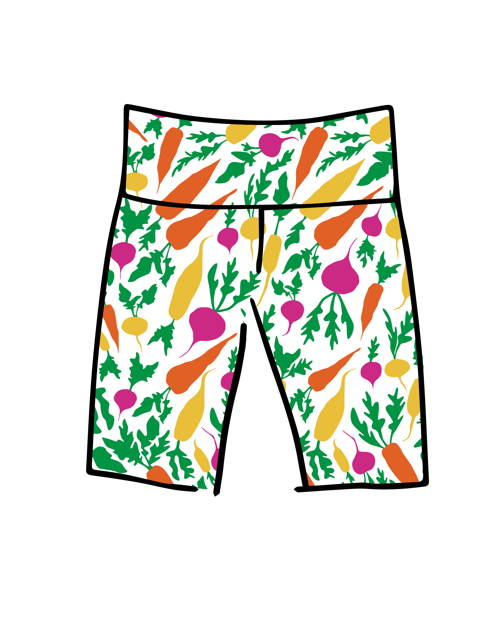 Drawing of Thunderpants Bike Shorts in Root Veggies print.