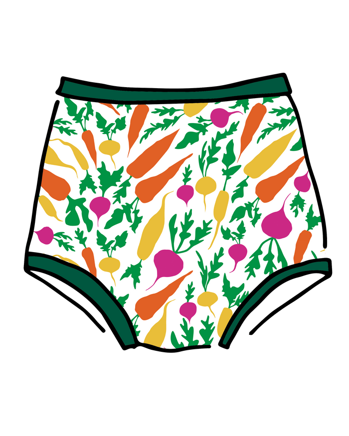 Drawing of Thunderpants Sky Rise style underwear in Root Veggies print.