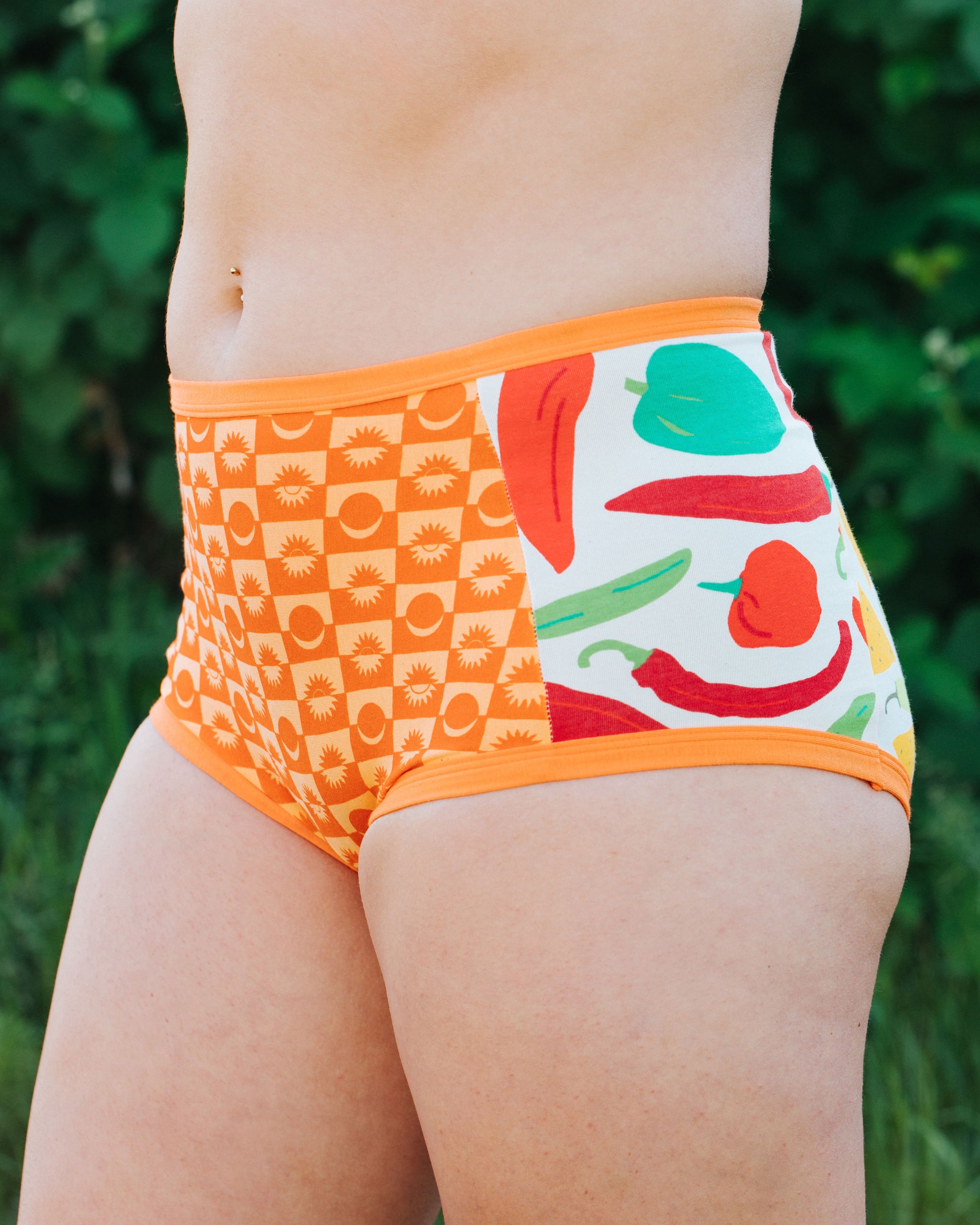 Model wearing Thunderpants Scrap Panel Pants in Original style underwear.