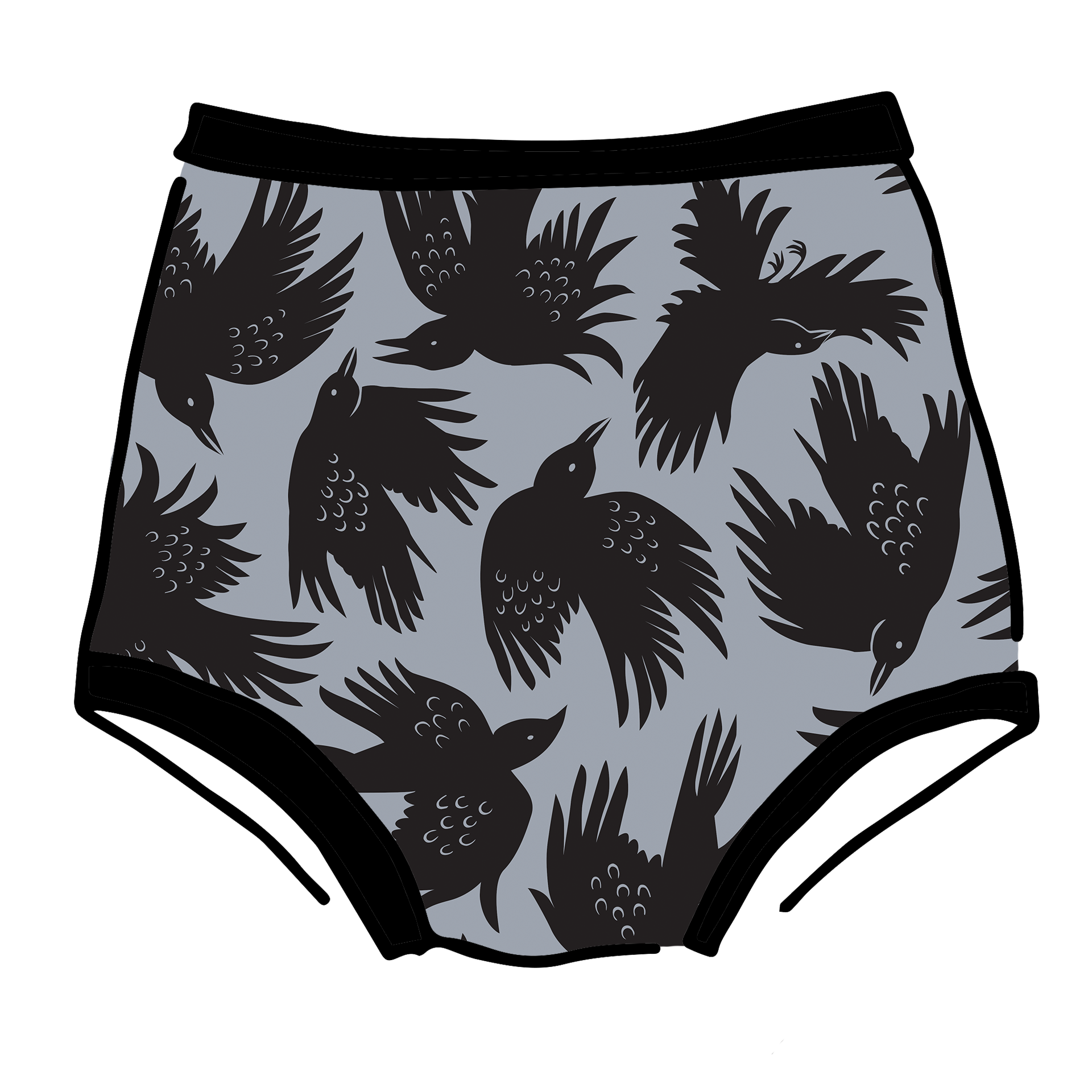 Drawing of Thunderpants Sky Rise style underwear in So it Crows - black crows in grey.