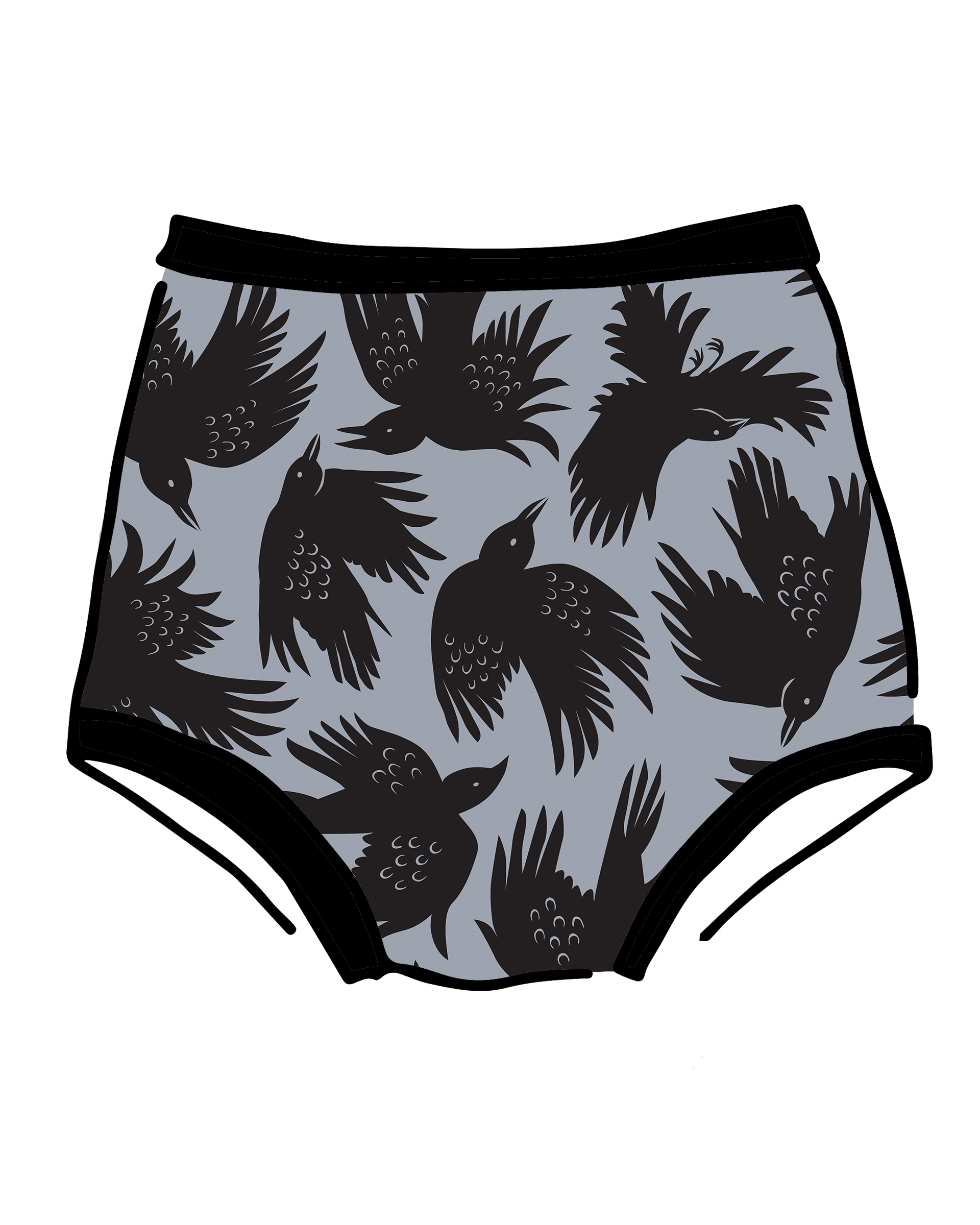 Drawing of Thunderpants Sky Rise style underwear in So it Crows - black crows in grey.