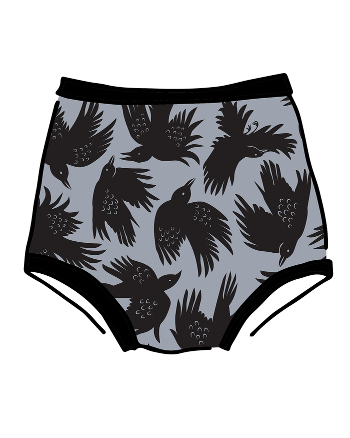 Drawing of Thunderpants Sky Rise style underwear in So it Crows - black crows in grey.