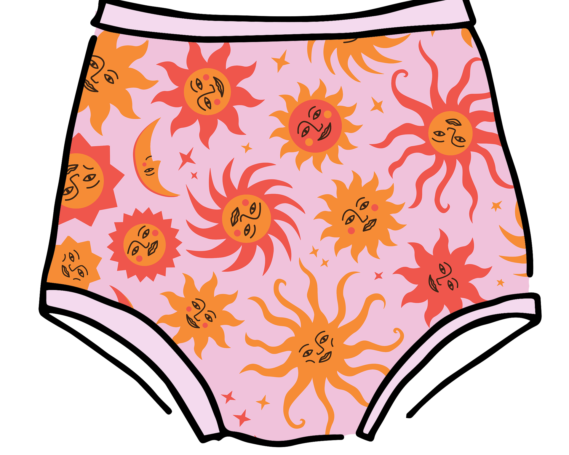 Drawing of Thunderpants Sky Rise style underwear in Luna y Sol print - pink, yellow, and orange suns and moons.