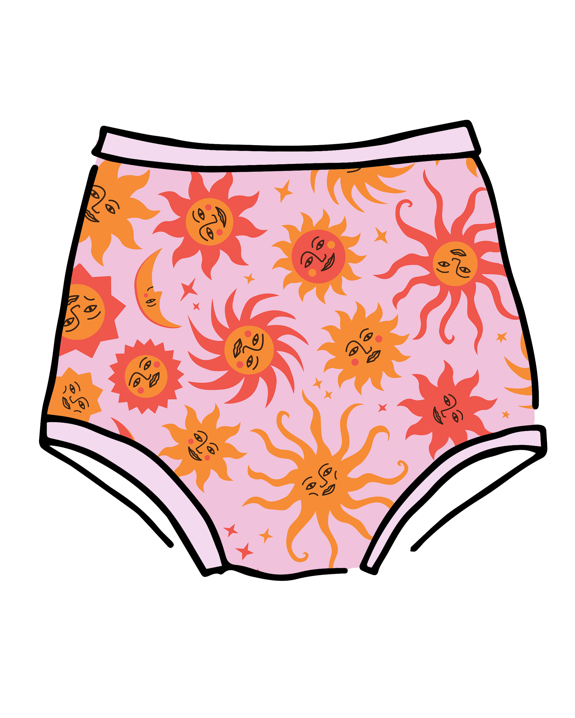 Drawing of Thunderpants Sky Rise style underwear in Luna y Sol print - pink, yellow, and orange suns and moons.