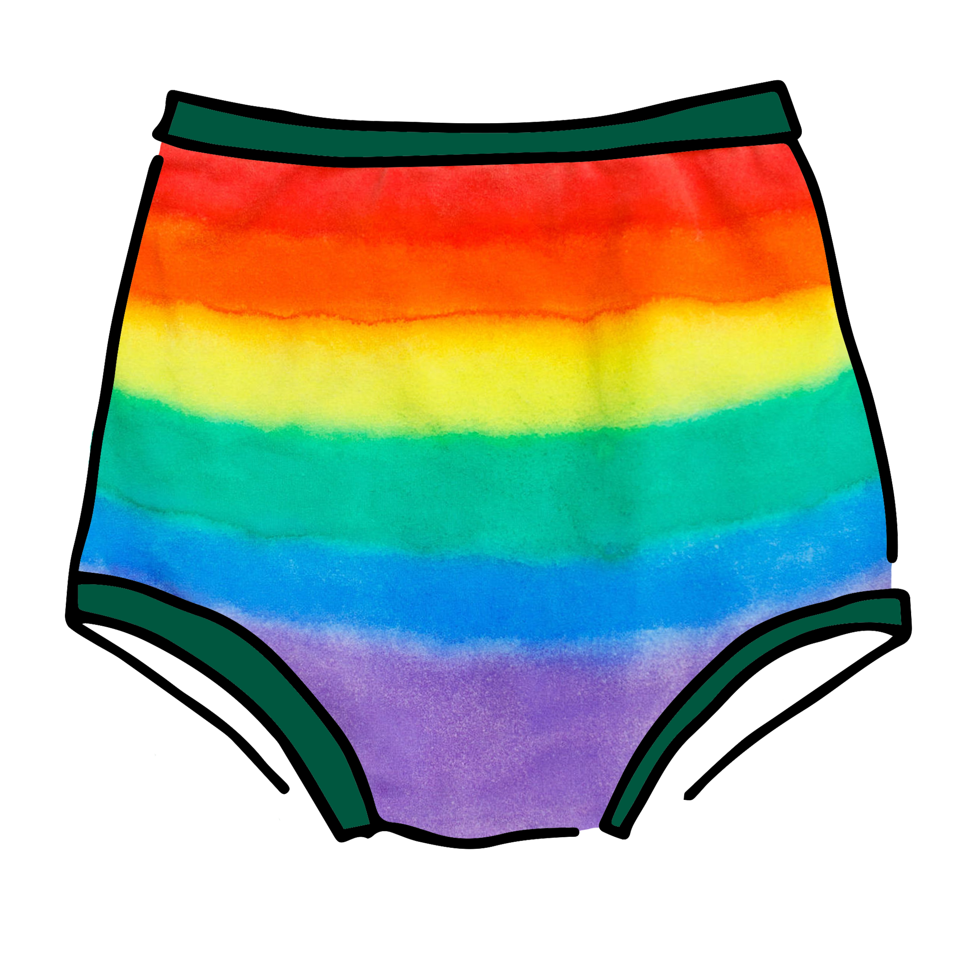 Drawing of Thunderpants Sky Rise style underwear in rainbow dye with emerald green binding.