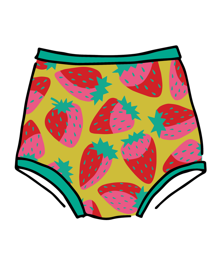 Drawing of Thunderpants Sky Rise style underwear in a Strawberry print - pink, red, and peacock green on chartreuse.