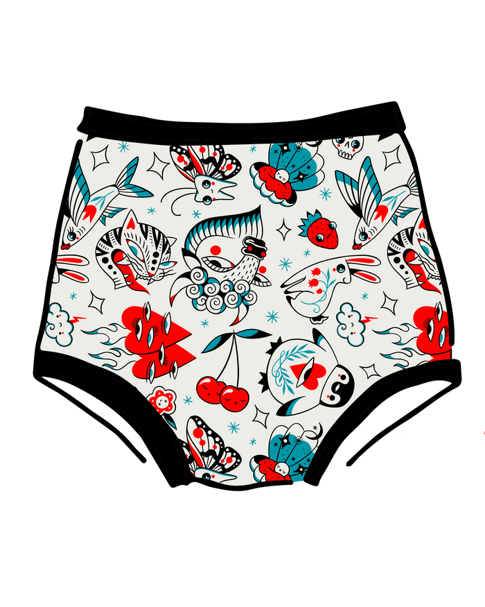 Drawing of Thunderpants Sky Rise style underwear in Inked Up - a tattoo pattern with black, red, and blue.