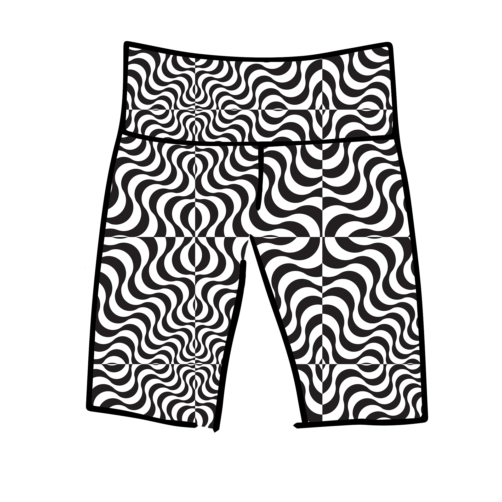 Drawing of Thunderpants Bike Shorts in Trippy - black and white squiggles.