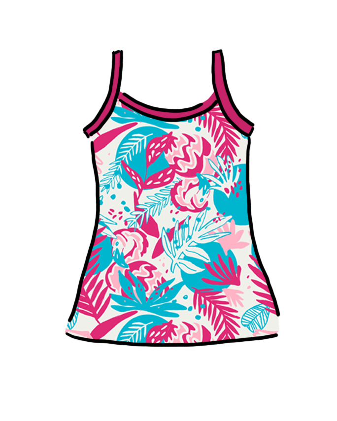 Drawing of Thunderpants Camisole in Finding Flamingos - pink and blue Miami-inspired print.