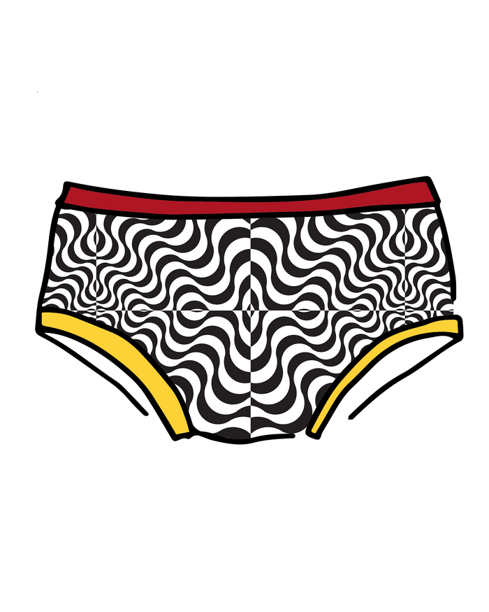 Drawing of Thunderpants Hipster style underwear in Tropical Trippy - black and white squiggles with red and yellow binding.