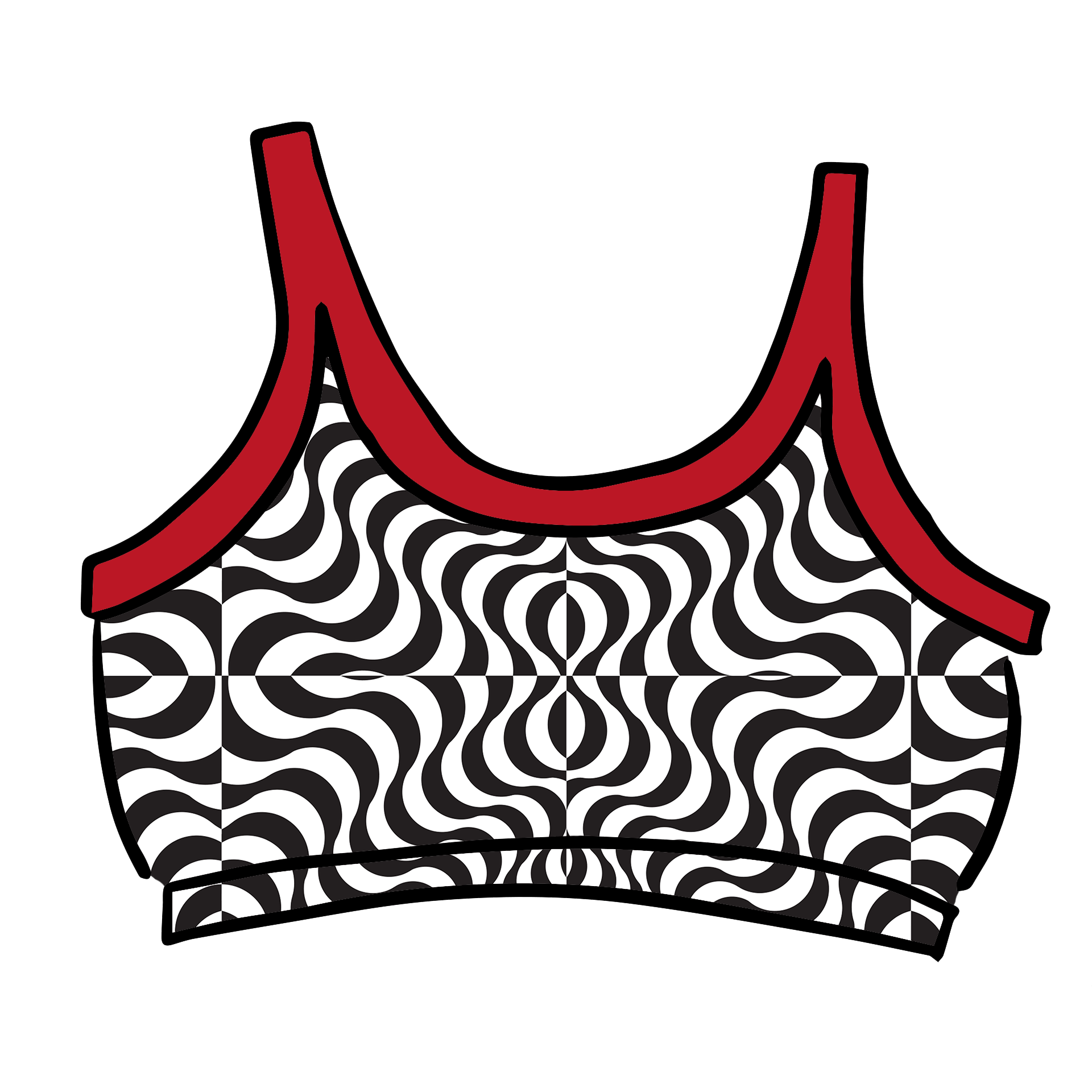 Drawing of Thunderpants Longline Bra in Tropical Trippy - black and white squiggles with red binding.