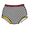 Drawing of Thunderpants Original style underwear in Tropical Trippy print - black and white squiggles with red and yellow binding.