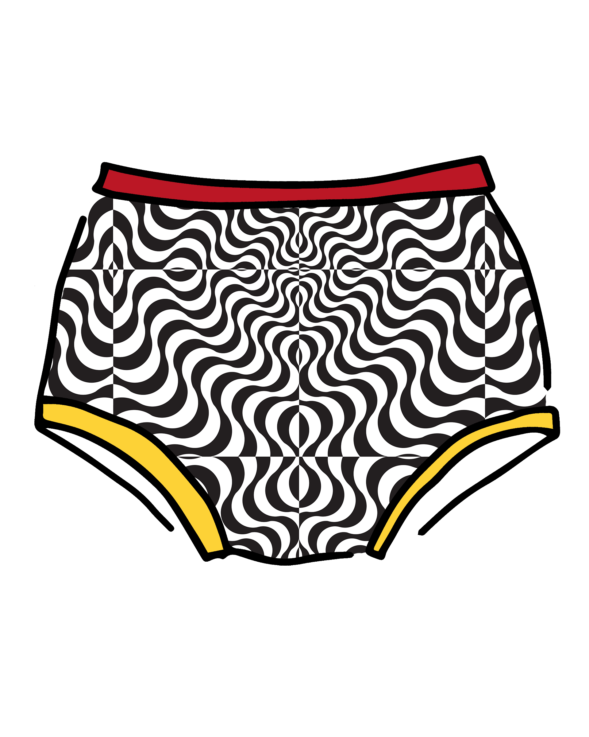 Drawing of Thunderpants Original style underwear in Tropical Trippy print - black and white squiggles with red and yellow binding.