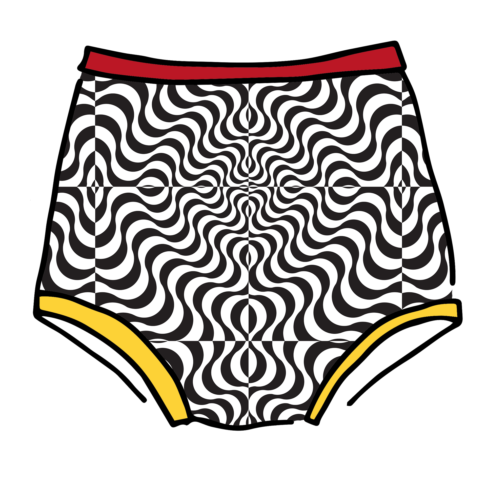 Drawing of Thunderpants Sky Rise style underwear in Tropical Trippy - black and white squiggles with red and yellow binding.