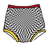 Drawing of Thunderpants Sky Rise style underwear in Tropical Trippy - black and white squiggles with red and yellow binding.