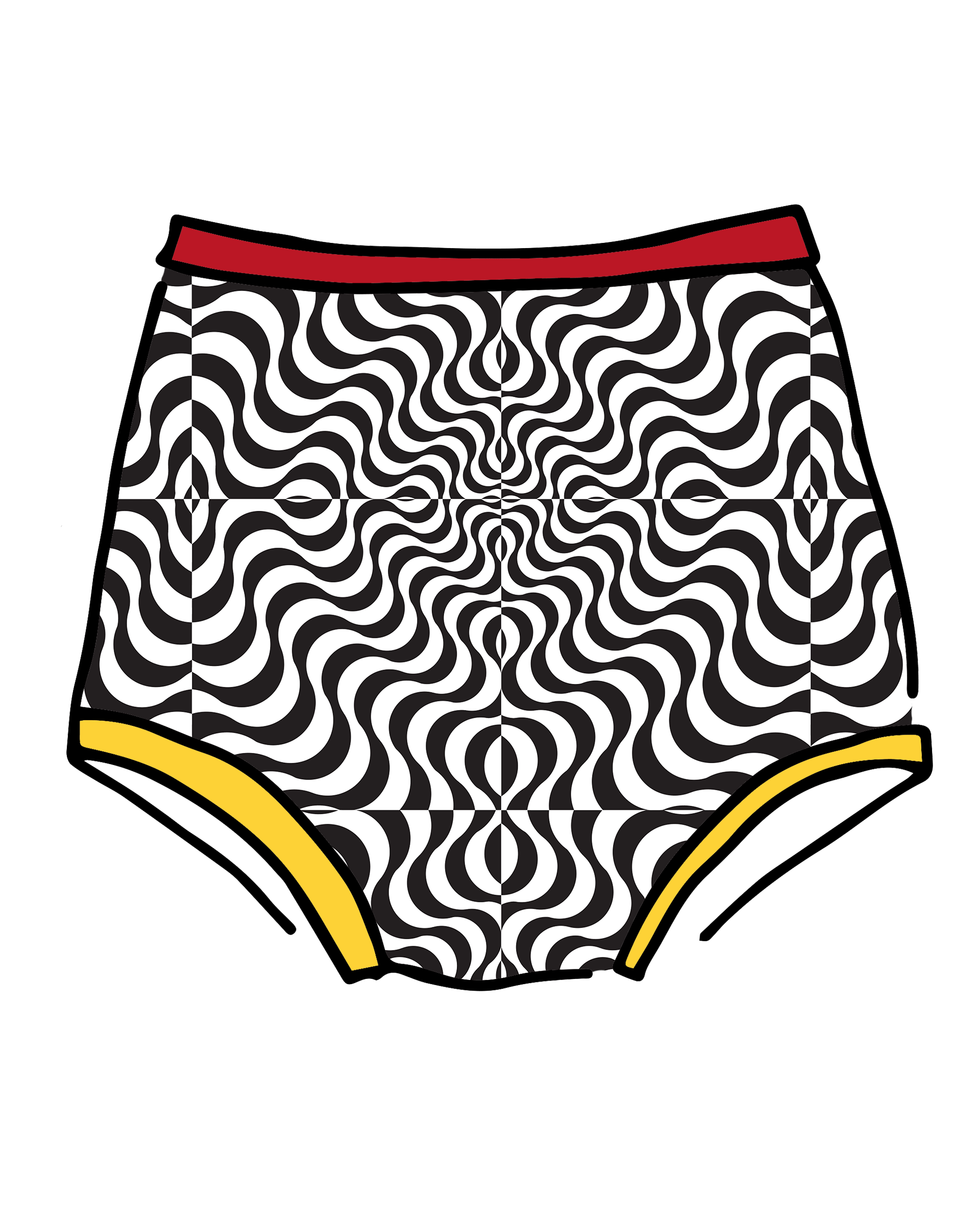 Drawing of Thunderpants Sky Rise style underwear in Tropical Trippy - black and white squiggles with red and yellow binding.