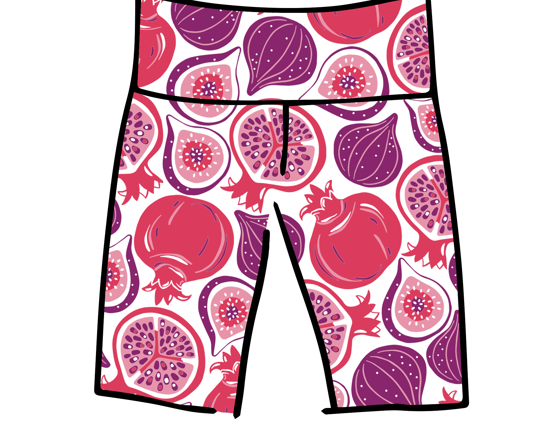 Drawing of Thunderpants Bike Shorts in Two Fruits print - pomegranates and figs.
