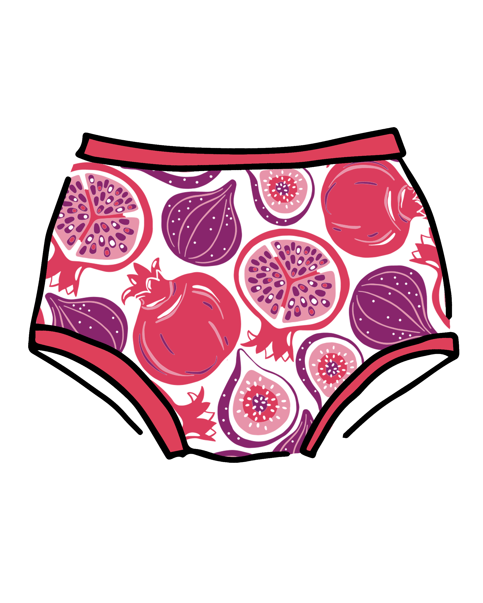 Drawing of Thunderpants Original style underwear in Two Fruits print.