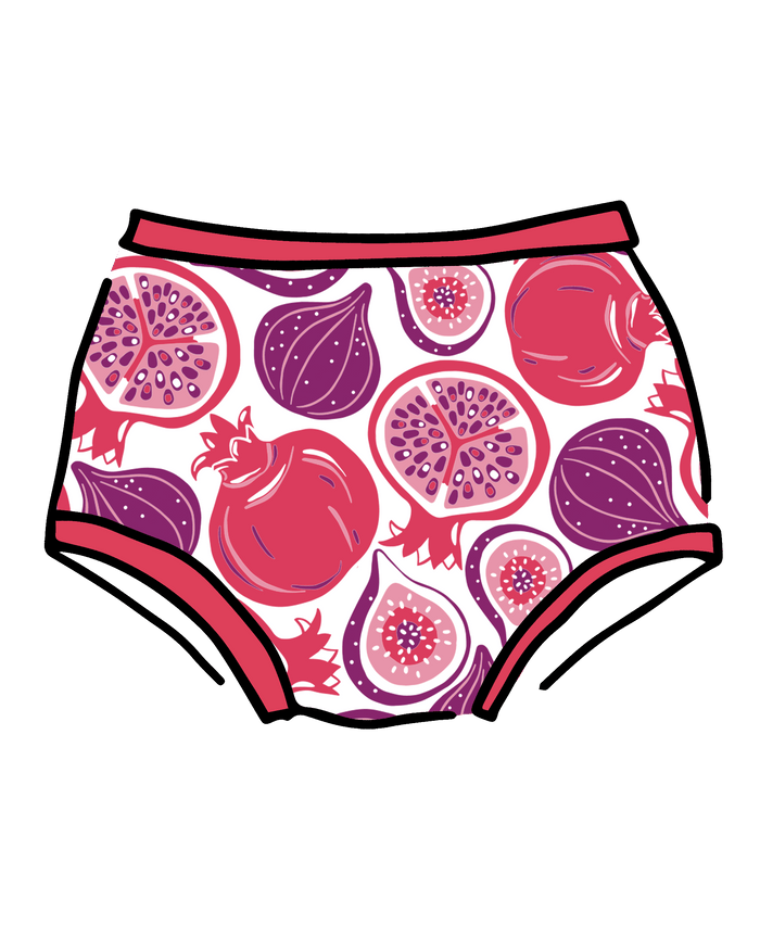 Drawing of Thunderpants Original style underwear in Two Fruits print.
