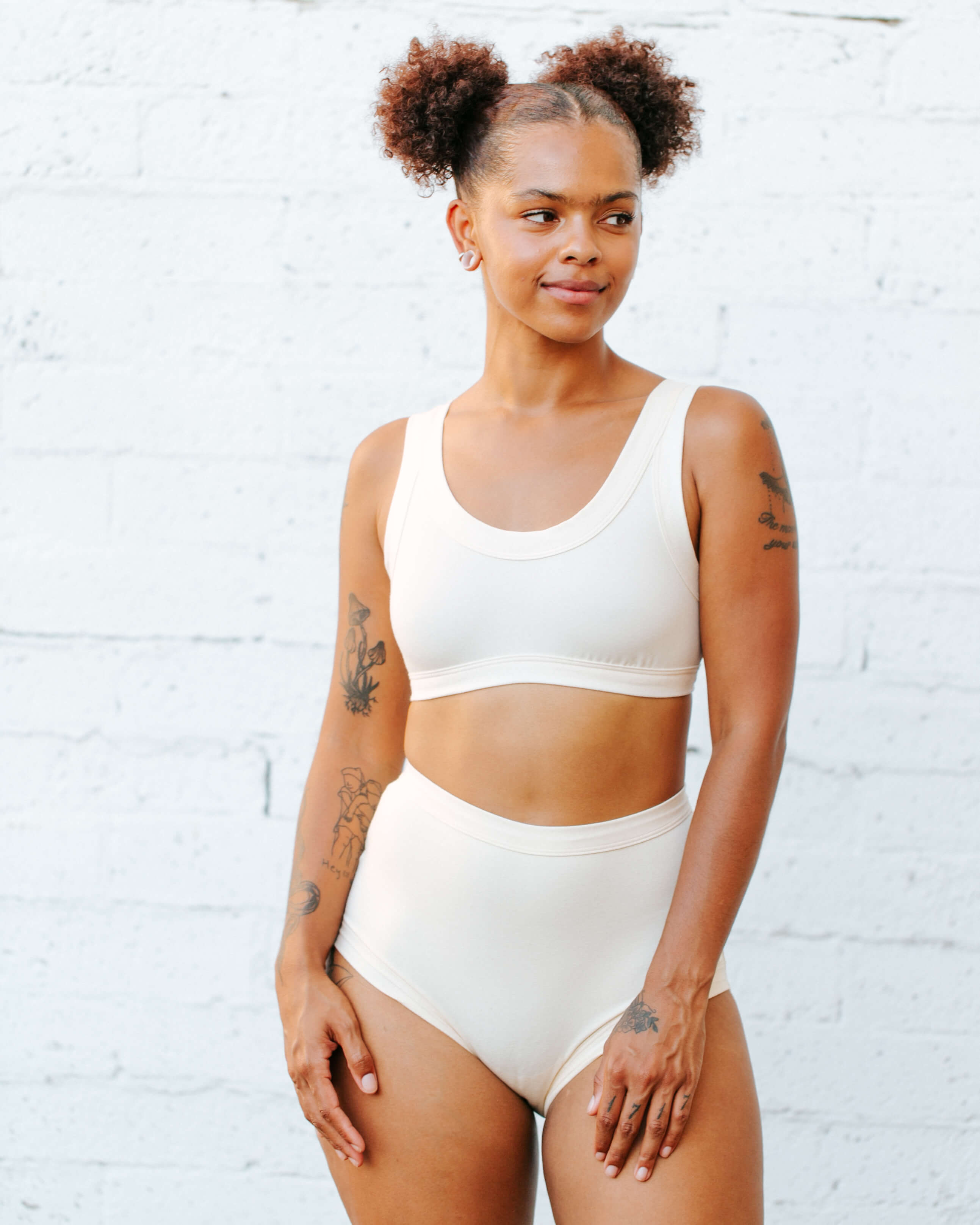 Model wearing Thunderpants Bralette and Sky Rise style underwear in Plain Vanilla.