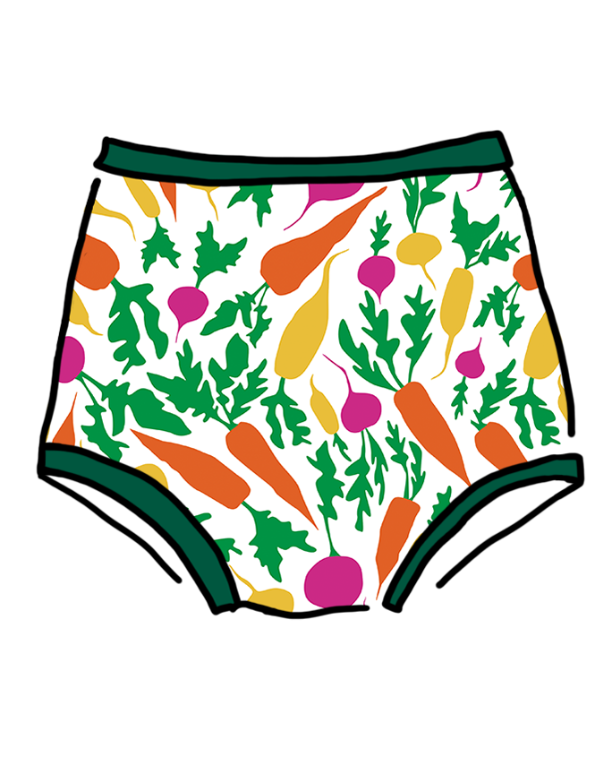 Drawing of Thunderants Sky Rise style underwear in Root Veggies print - yellow, orange, pink, and green vegetables.