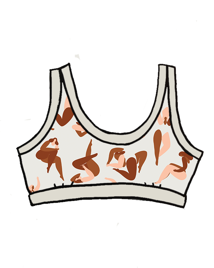 Drawing of Thunderpants Bralette in Bodies in Motion: women in different shades of browns and tans.