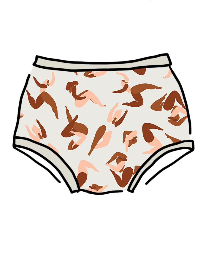 Drawing of Thunderpants Original style underwear in Bodies in Motion: women in different shades of browns and tans.