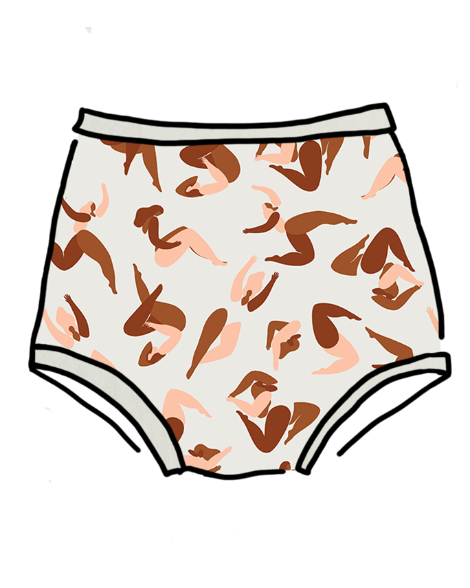 Drawing of Thunderpants Sky Rise style underwear in Bodies in Motion: women in different shades of browns and tans.
