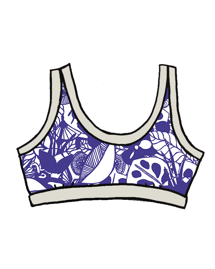 Drawing of Thunderpants organic cotton Bralette in a blue jungle and floral print.