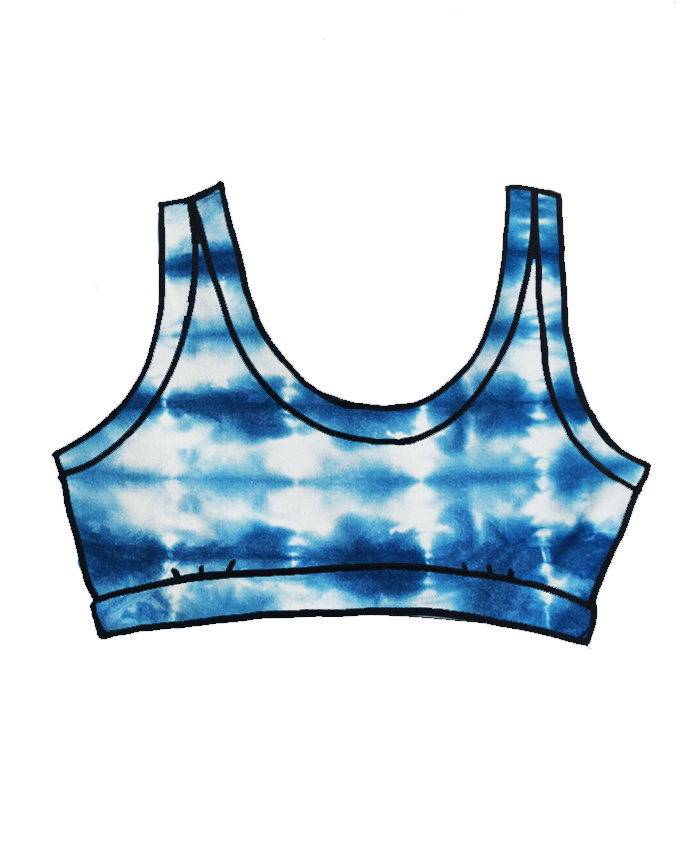 Drawing of Thunderpants Organic Cotton Bralette in shibori hand dyed Indigo color.