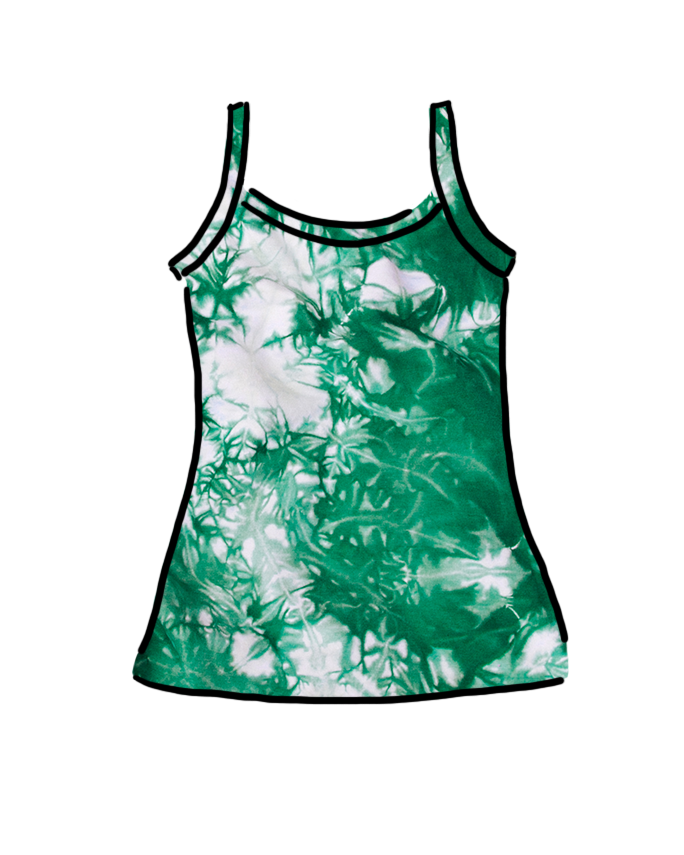 Drawing of Thunderpants Organic Cotton Camisole in a hand dyed Clover Green scrunch dye.