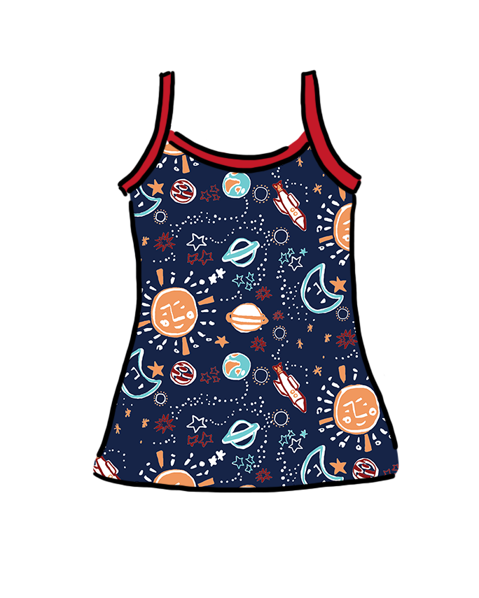 Drawing of Thunderpants organic cotton Camisole in a sun, planets, stars, and universe print.