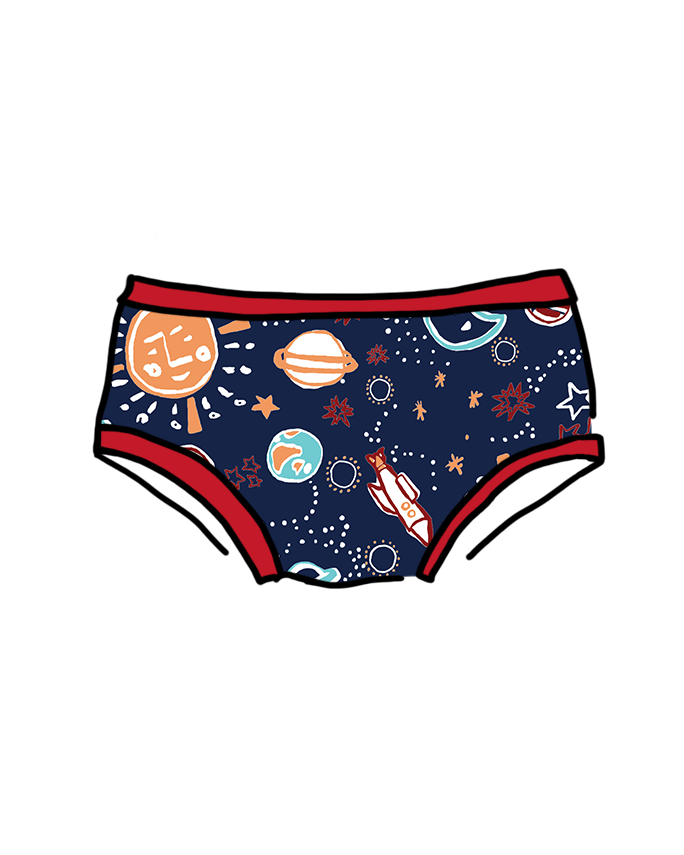 Drawing of Thunderpants Organic Cotton Kids underwear in Dark Sky: colorful drawings of the universe with red binding.