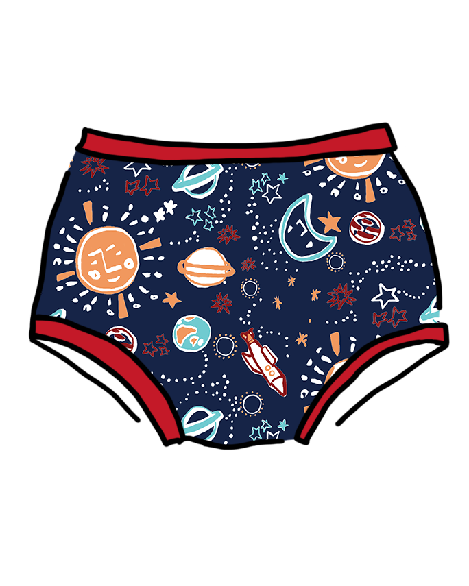 Drawing of Thunderpants organic cotton Original style underwear in a suns, planet, starts, and universe print.